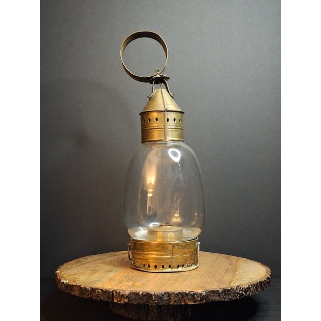 Antique 1840s Brass Whale Oil Lantern Fixed Globe Pear Shape Glass For Sale In Boston - Image 6 of 14