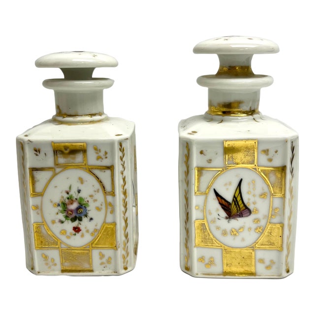 19th Century French Porcelain Bottles With Flowers and Butterfly For Sale