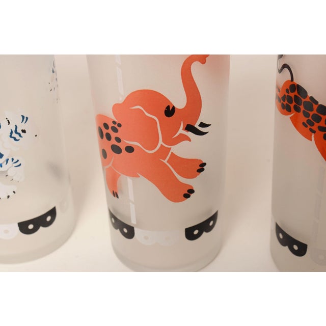 Set of Eight Vintage Frosted Glasses With Animal Carousel Motif by Libbey With Carrier For Sale - Image 12 of 18