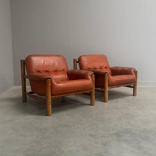 Remarks: Set mid century lounge chairs, Germany 1960s. Design in Brutalist and Brazilian style. Solid oak frame with...