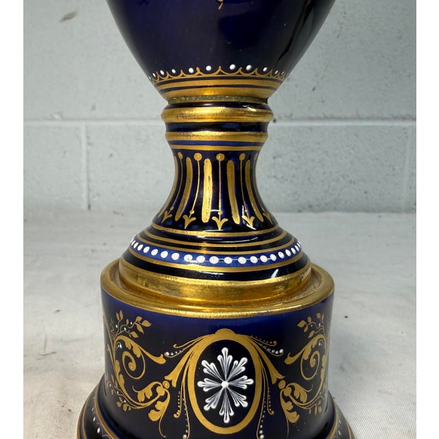 19th Century Antique Hand Painted Royal Vienna Porcelain Cobalt Gold Lidded Vase Mini Urn For Sale - Image 5 of 18