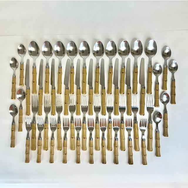Vintage Coastal Boho Chic Chinoiserie Faux Bamboo & 18/8 Stainless Flatware Set- 49 Pieces. For Sale - Image 6 of 12