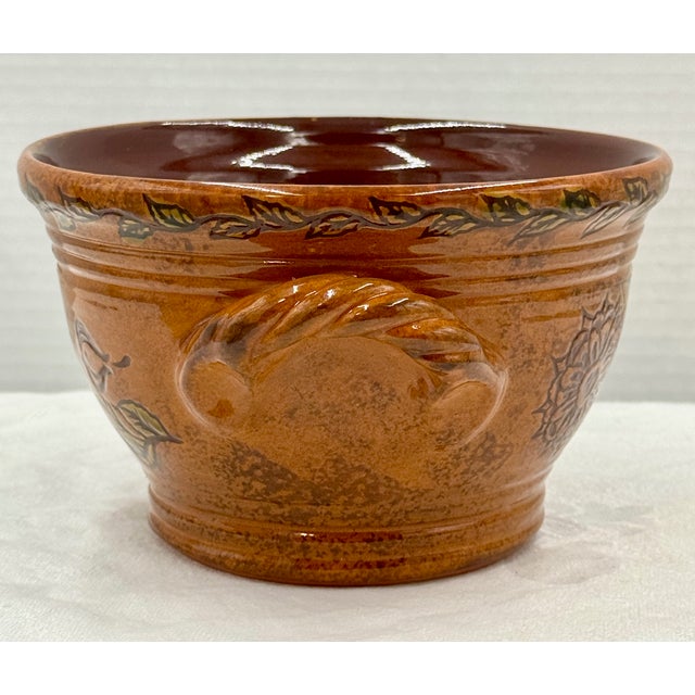 Ned Foltz 2001 Signed Redware Cachepot With Sgraffito Decoration and Twisted Rope Closed Handles For Sale - Image 4 of 12