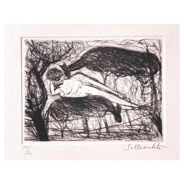 Nazareno Gattamenata, Horses, Original Etching, 1970s For Sale