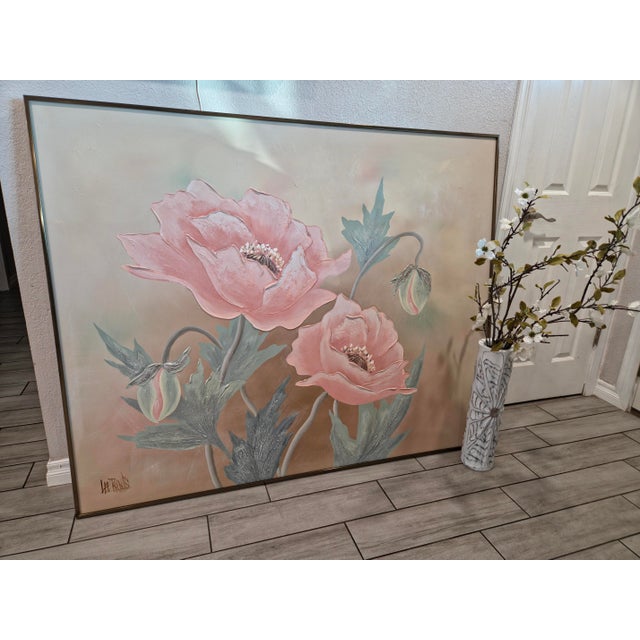 Textile Large Signed Lee Reynolds Peach Poppies Painting, Vanguard Studios Mid-Century Modern Floral Art For Sale - Image 7 of 13