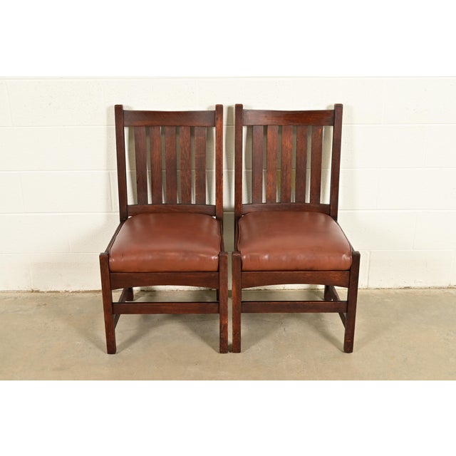 Mission L. & J. G. Stickley Antique Mission Oak Arts & Crafts Side Chairs or Dining Chairs, Pair For Sale - Image 3 of 14