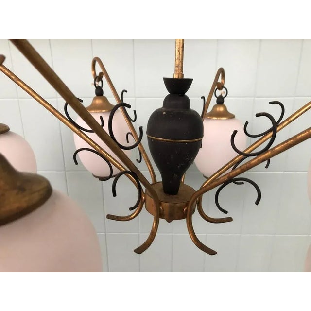 Pendant Light in Brass, Aluminum and Opaline Glass in the style of Stilnovo, Italy, 1950s For Sale - Image 6 of 10