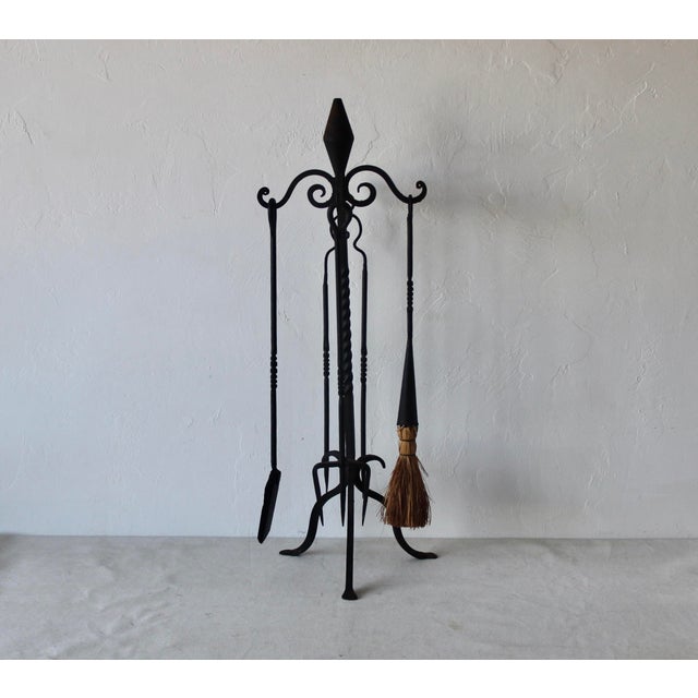 Zeckos Style Wrought Iron Five Piece Fireplace Tool Set Barley Twist Detail Vintage Mid-Century For Sale - Image 11 of 15