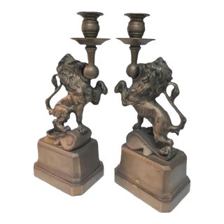 Mid 20th Century Pair of Heavy Bronze French Renaissance Lion Candle Holders For Sale