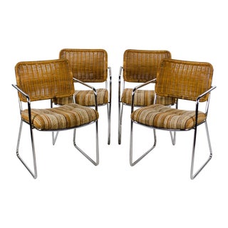 Chromcraft Mid-Century Modern Rattan and Chrome Dining Chairs- Set of 4 For Sale