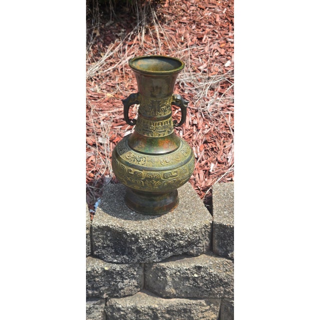 Vintage Chinese-Style Archaistic Bronze Hu Vase With Elephant Head Handles, Patinated Finish For Sale - Image 9 of 18