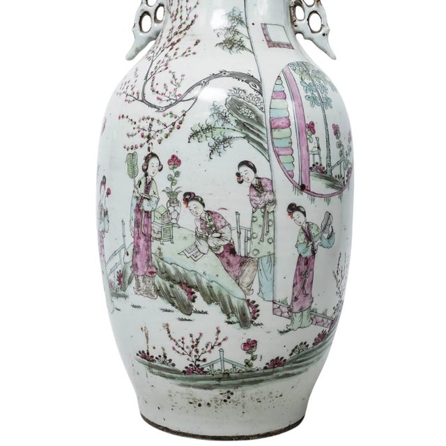 White Pair of 19th Century Chinese Porcelain Baluster Vases With Figural Decoration and Calligraphy For Sale - Image 8 of 10