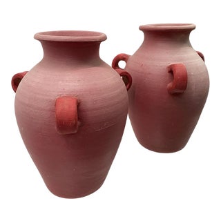 1970s Earthenware Vessels With Original Pink Red Paint Finish — a Pair For Sale