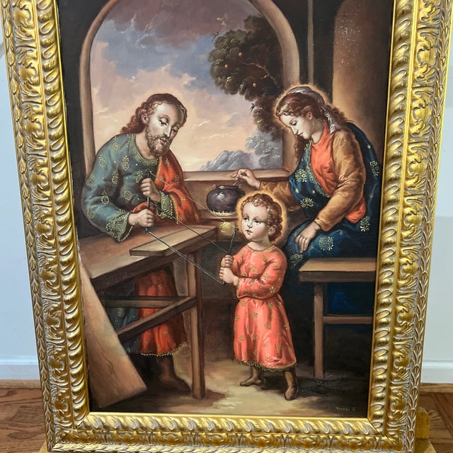 Rustic 20th Century Oil on Canvas Cuzco School Signed Framed Titled Work and Prayer For Sale - Image 3 of 12