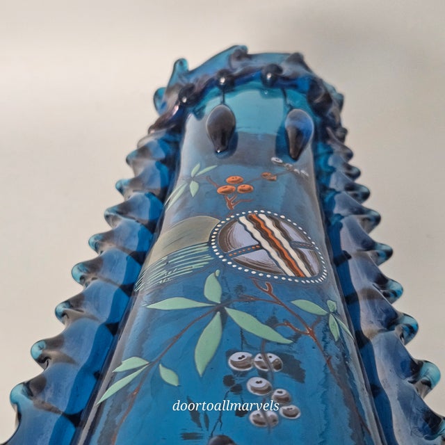 Auguste Jean Antique Blue Footed Vase Art Nouveau Enamel Paint Berries Tall 12" For Sale - Image 17 of 17