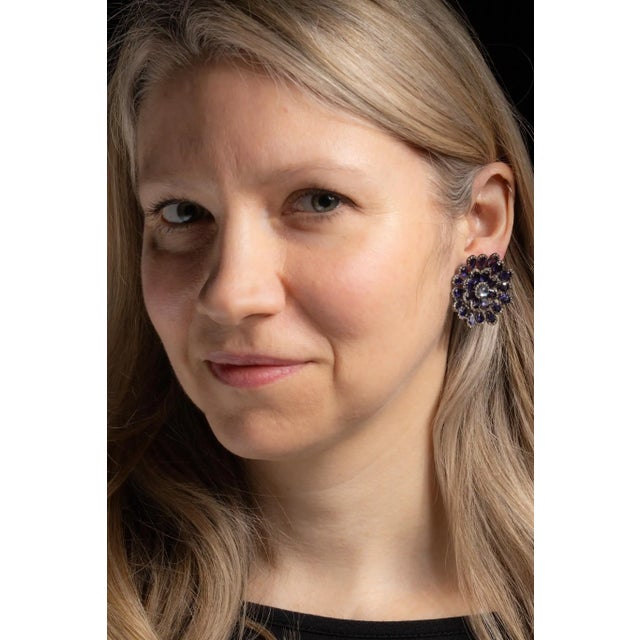 Contemporary 1990s Pair of Diamond, Iolite and Moonstone Flower Stud Earrings For Sale - Image 3 of 4