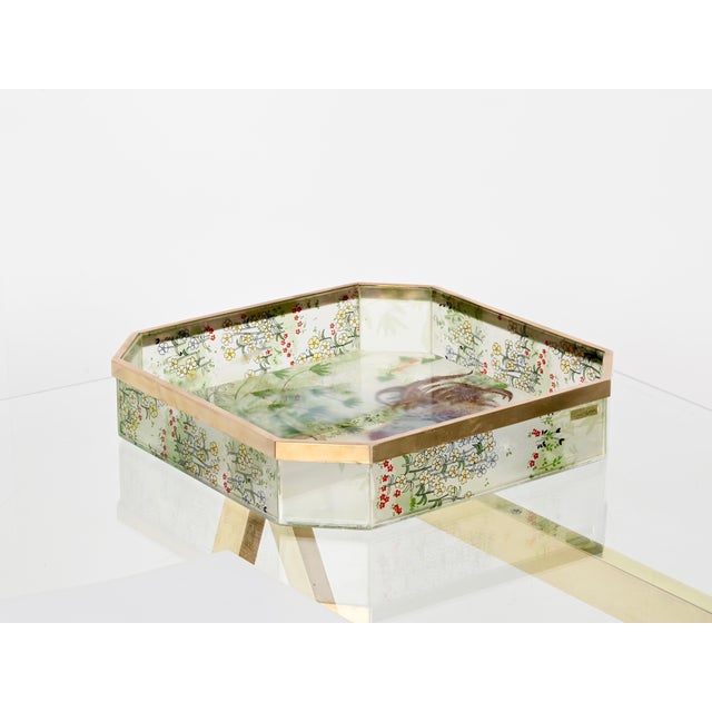 Metal Octagonal Floral Acrylic Glass and Brass Serving Tray by Alberto Sordi, Italy, 1970s For Sale - Image 7 of 14