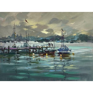 Oil Painting Ships at the Dock in a Calm Sea Yuriy Suprunchuk For Sale