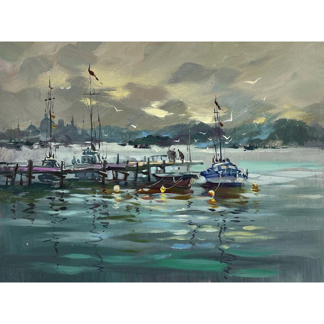 Oil Painting Ships at the Dock in a Calm Sea Yuriy Suprunchuk For Sale