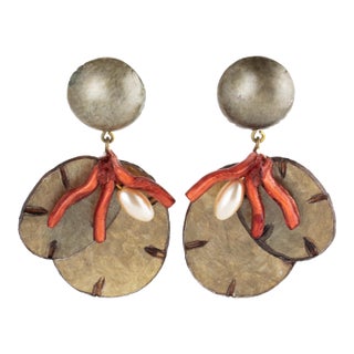 Cilea Paris Floral Resin Dangle Clip Earrings Coral and Taupe Lunaria For Sale