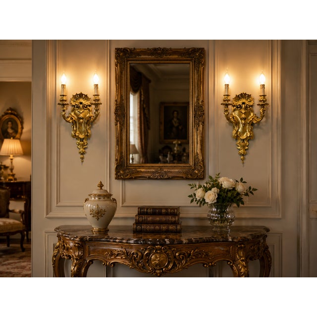 A magnificent pair of 19th-century French Louis XVI-style wall sconces, crafted from solid bronze with a beautifully aged...