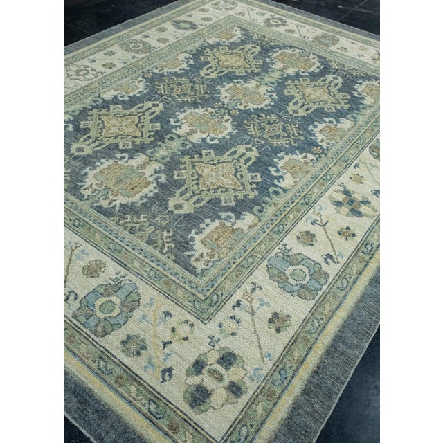 Turkish Green & Navy Blue Turkish Oushak Rug 8' x 10'5" For Sale - Image 3 of 9