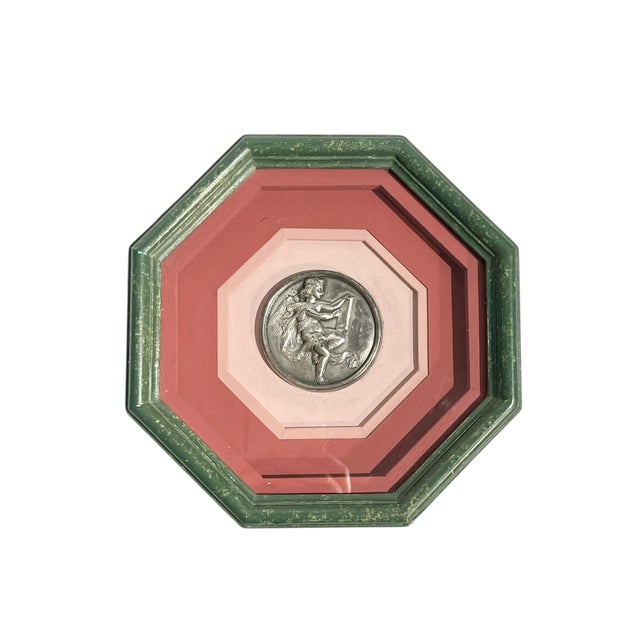 Pink Set of 4 Vintage French Neoclassical Style Green and Pink Octagonal Framed Silver Cherub Medallions For Sale - Image 8 of 15