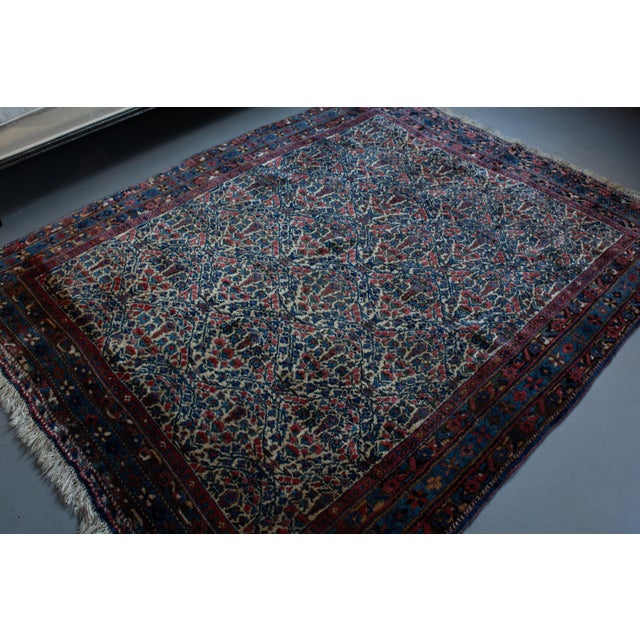 Textile Early 1900s Antique Floral Botanical Allover Ivory Cream Blue Navy Hand Knotted Rug - 4’8” X 6' For Sale - Image 7 of 13