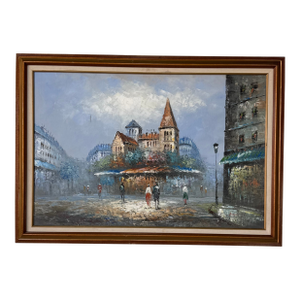1980’s Vintage Burnett Parisian Street Scene Oil on Canvas Painting - Framed