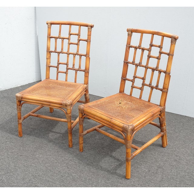Baker Furniture Company Pair Vintage Baker Furniture Side Chairs ~ Chinoiserie Bamboo Cane Brown Chairs For Sale - Image 4 of 15