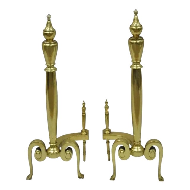Mid 20th Century French Art Nouveau Style Brass Urn Finial Fireplace Andirons - A Pair For Sale