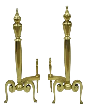 Mid 20th Century French Art Nouveau Style Brass Urn Finial Fireplace Andirons - A Pair