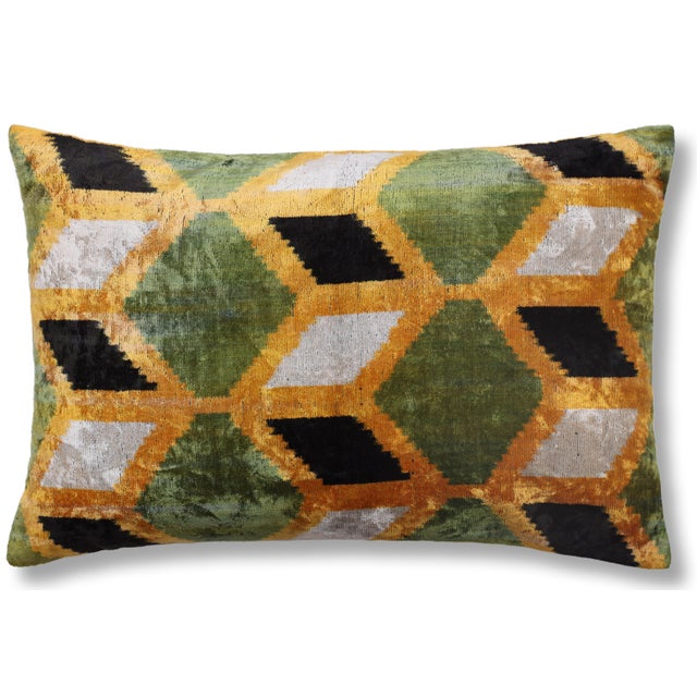 Mid-Century Modern Hand-Knotted Silk Velvet Ikat Lumbar Pillow - 16x24 Moss & Ochre For Sale - Image 3 of 8
