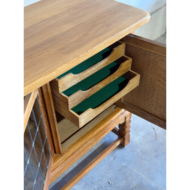 Oak Sideboard Cabinet Leaded Glass Doors in Style of Henning Kjaernulf Denmark 1960s For Sale In Los Angeles - Image 6 of 9