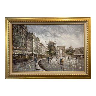 1960s Paris Champs Elysees Impressionist Cityscape Oil on Canvas Signed Fontaine For Sale