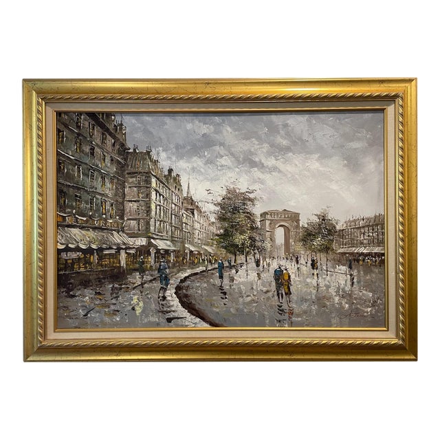 1960s Paris Champs Elysees Impressionist Cityscape Oil on Canvas Signed Fontaine For Sale