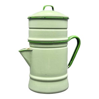 Vintage French Pale Green Enamelware Coffee Pot With Filter Insert and Lid For Sale