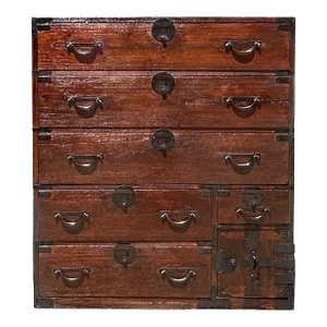 Vintage Japanese Style Yonezawa Ishô’dansu Black Hardware 6 Drawers Cabinet
