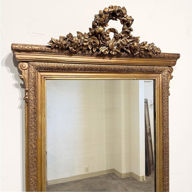 Bronze 19th Century French Louis XVI Gilded Mirror With Floral Wreath Crest For Sale - Image 8 of 14