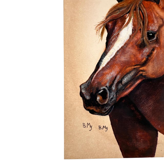 Mid-Century Modern Hand-Painted Equestrian Horse Portrait on Board, Signed B. My, Mid-Century For Sale - Image 3 of 8
