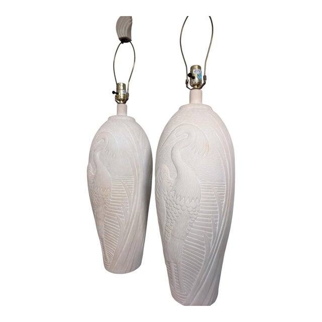Postmodern Vintage Pair of 2 Dayle Rushall Sculptural Heron Egret Table Lamps With Original Feather Finials - Pair For Sale - Image 3 of 14