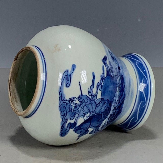 Chinese Blue & White Porcelain Covered Jar With Figural Warrior Scene For Sale - Image 4 of 9