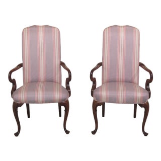 1990s Vintage Queen Anne Mahogany Upholstered Library Chairs- A Pair For Sale