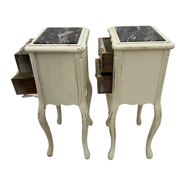 Early 20th Century French Nightstands Bedside Chests Marble Top Shabby Chic Distressed Petite Size For Sale In Palm Springs - Image 6 of 11