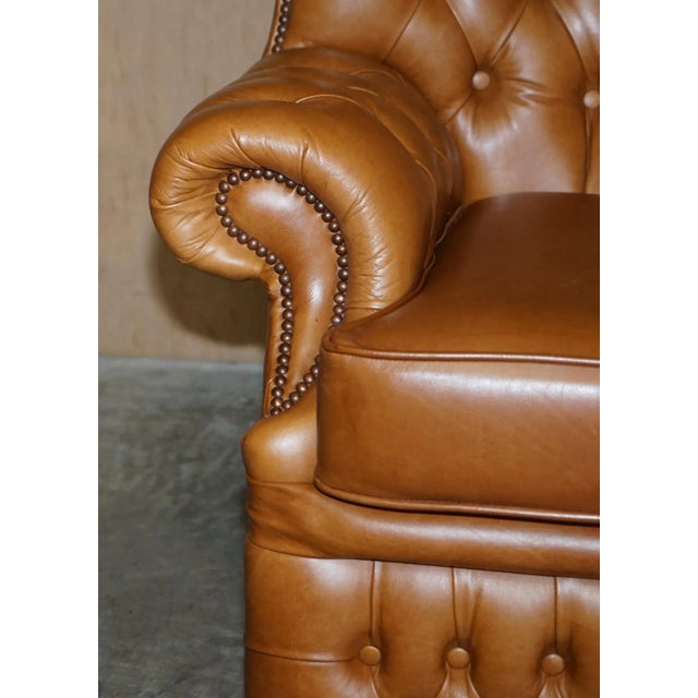 Small Wide Tan Leather Tufted Chesterfield Sofa with High Back For Sale - Image 12 of 18