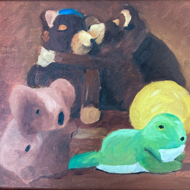 1970’s original folk art cute plush animals still life painting. Measures 14x10 or 18.5x14.5 framed. Check out my shop...
