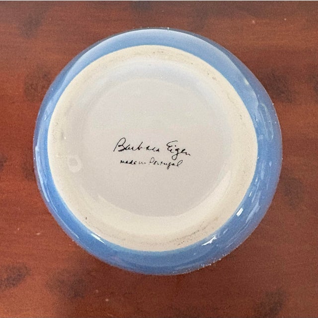 Artist-signed studio pottery vase by Barbara Eigen, made in Portugal. This sculptural ceramic features bold blue and white...