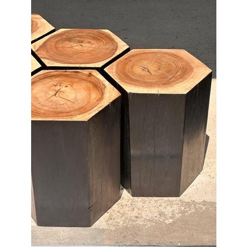 Hexagonal Stools in Two-Tone Suar, Set of 5 For Sale - Image 12 of 18