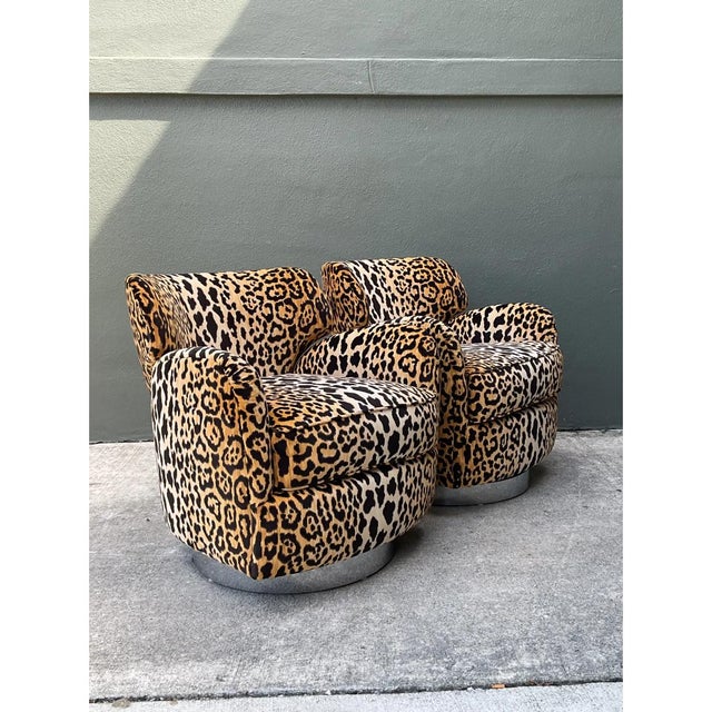 Late 20th Century Vintage Leopard Print Velvet Swivel Chairs - A Pair For Sale - Image 5 of 12