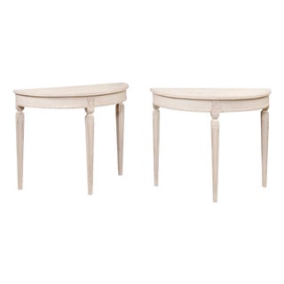 Gustavian Style 1880s Swedish Light Gray Painted Demilune Console Table - A Pair For Sale